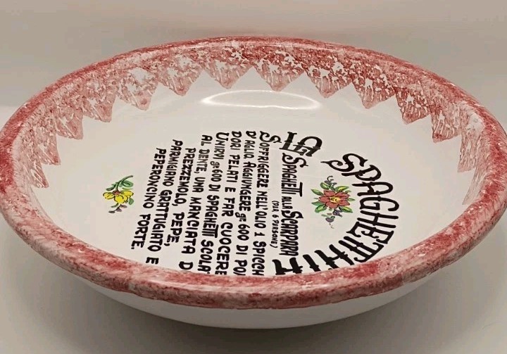 Vtg. Pisapia Italy Ceramic La Spaghettata Scarpara Recipe Bowl Red Sponge Paint