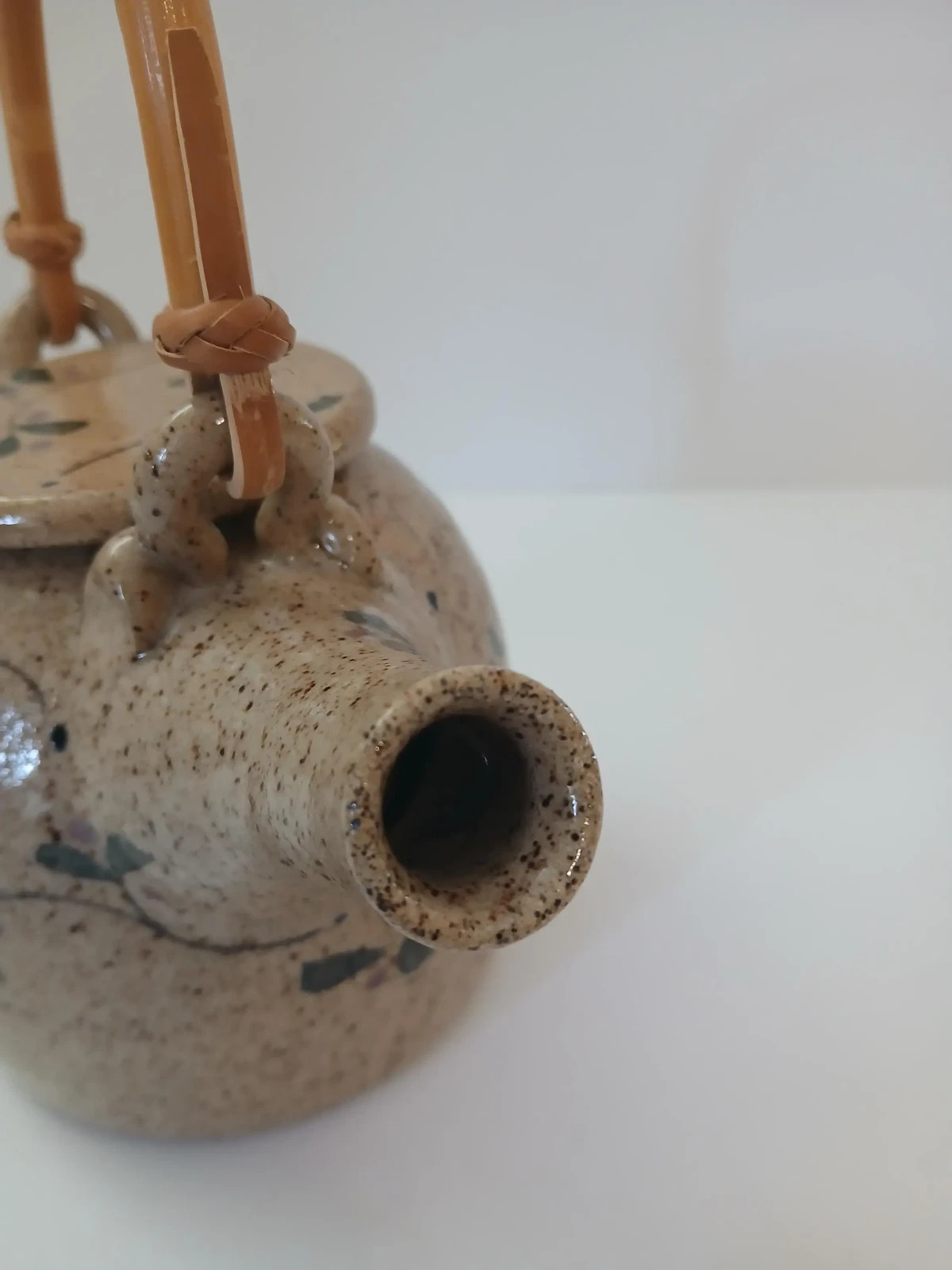 90s Cottagecore Speckled Stoneware Teapot with Bamboo Handle Hand-painted Floral