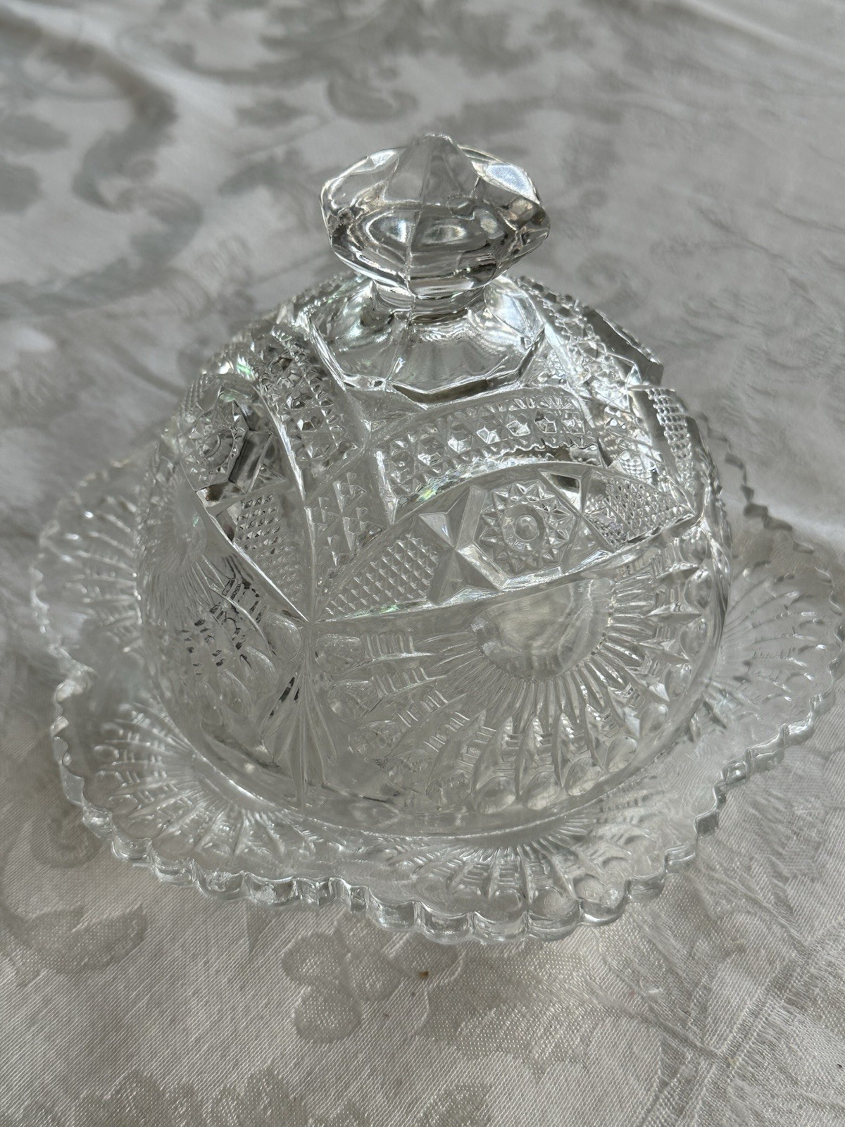 Antique US Glass Co. Rising Sun Clear Lead Crystal Glass Round Covered Butter