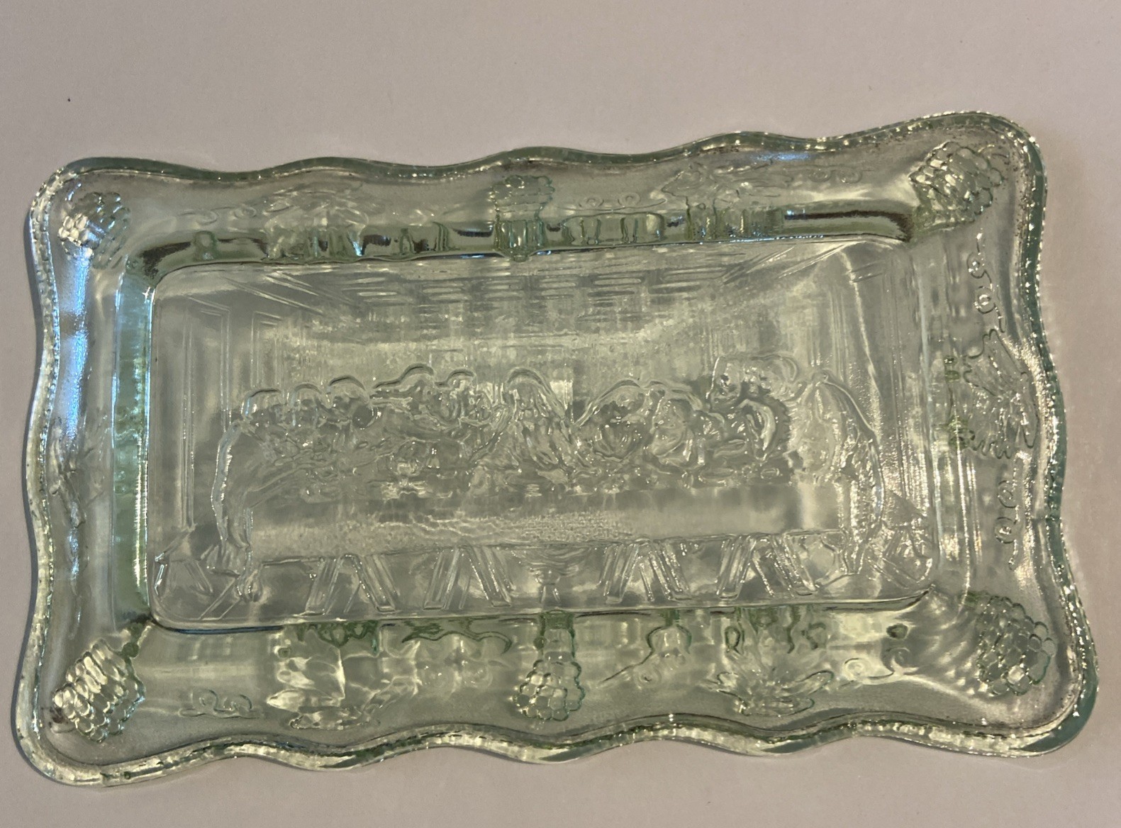 The Last Supper Vintage Tiara Indiana Glass Butter Dish Coin Dish Green Glass