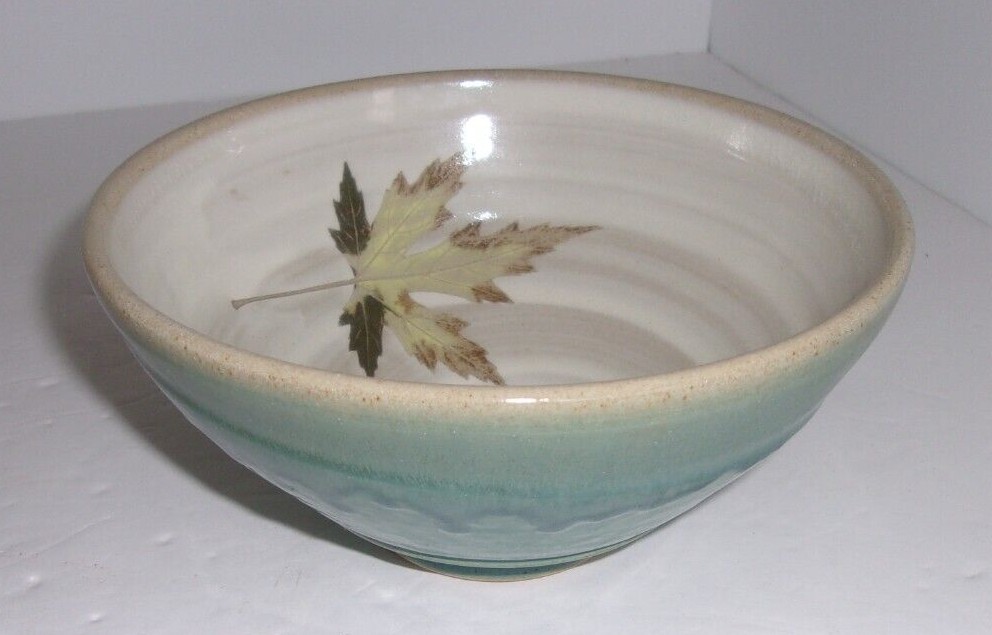 Signed Art Pottery Bowl Blue Gray Drip Glaze Tan Swirl & Leaf Inside