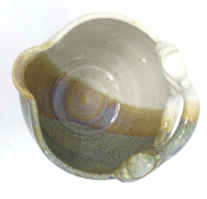 ART POTTERY BOWL W/HANDLE & SPOUT SIGNED “GAINES” GRAY BLUE TAN IVORY 5.5″X5.125