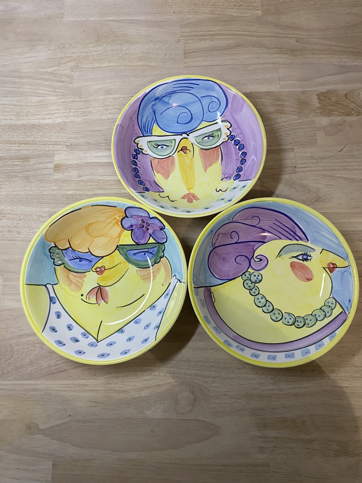 3 VTG Centrum Ceramics “Hen Party” Serving Bowls Painted by Conrad Bell 9.5”