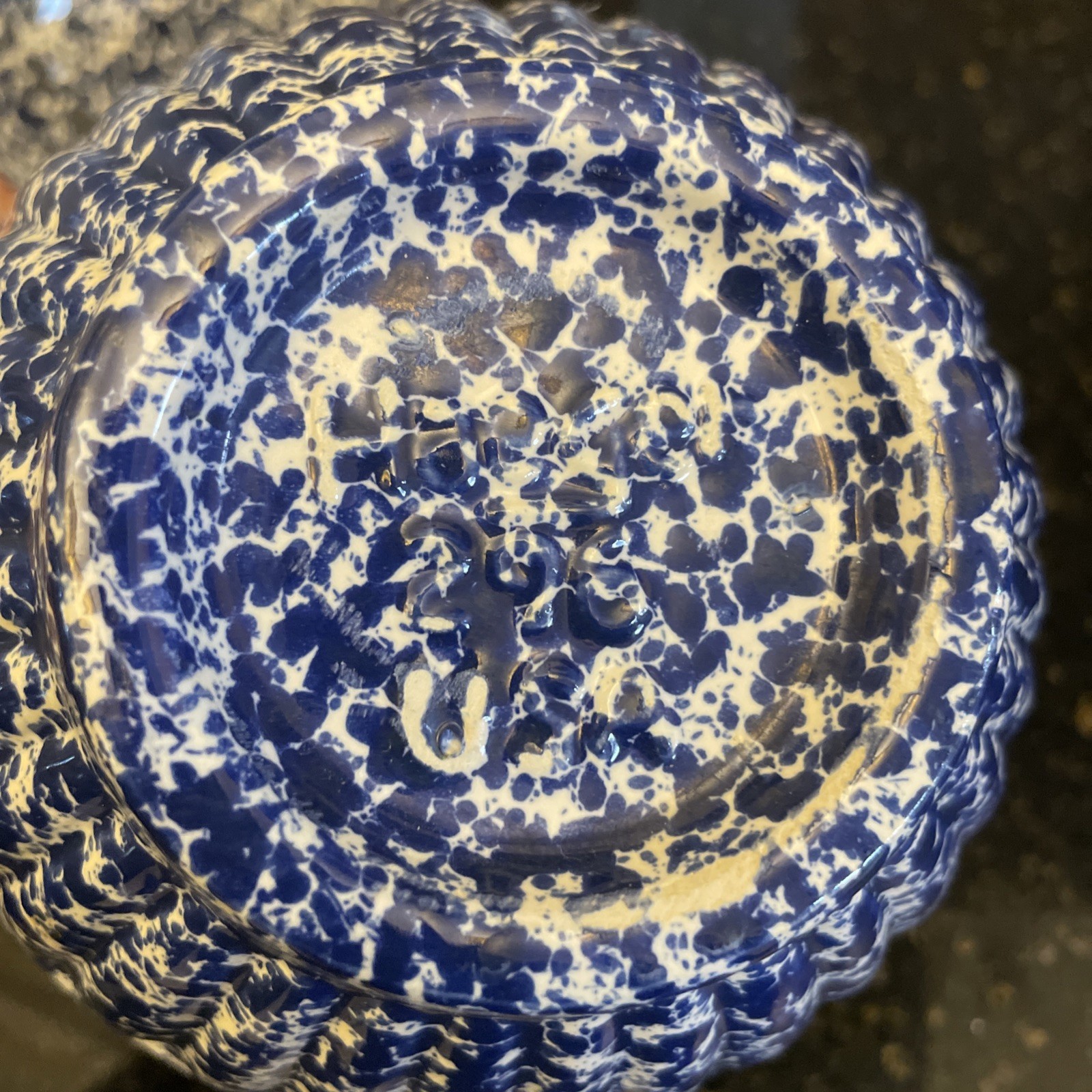 Haeger USA 296 Vintage MCM Blue And White Speckled Pottery Bowl 20 Oz Scalloped