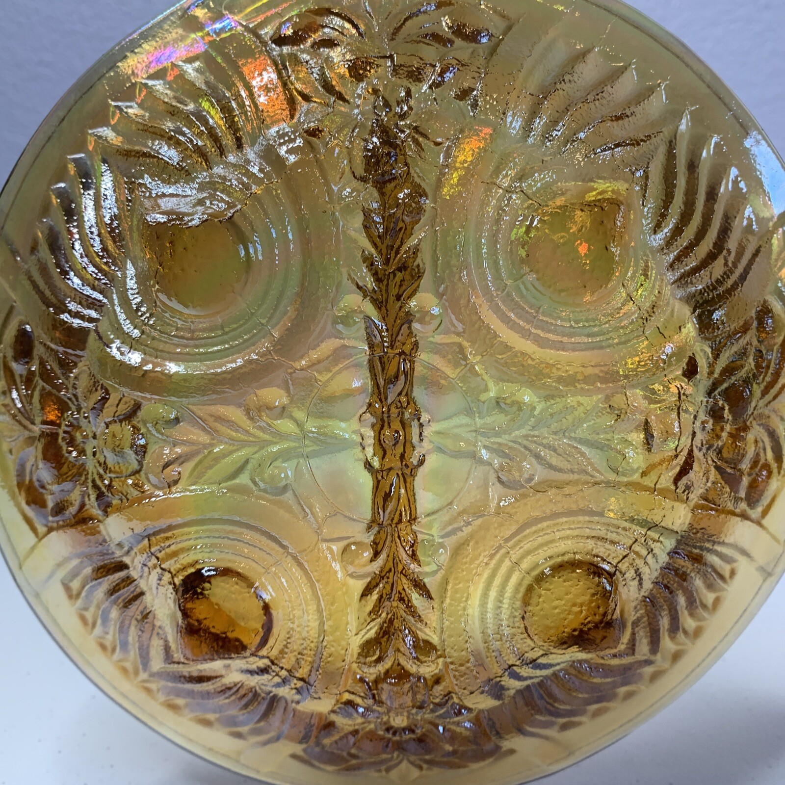 Vintage Indiana Carnival Glass Candy Dish 7.5″ Amber Iridescent Divided