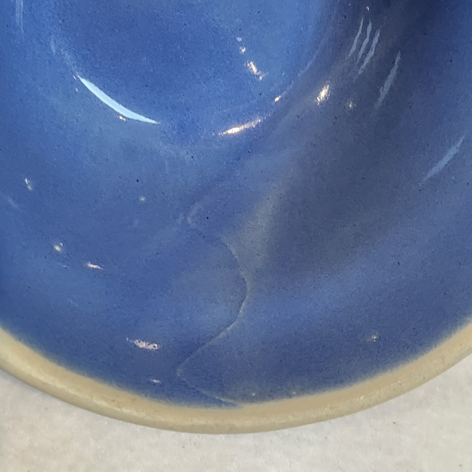 Antique Yellow Ware Cobalt Blue Dough Mixing Bowl w/ Beehive Sides 5” Wide USA