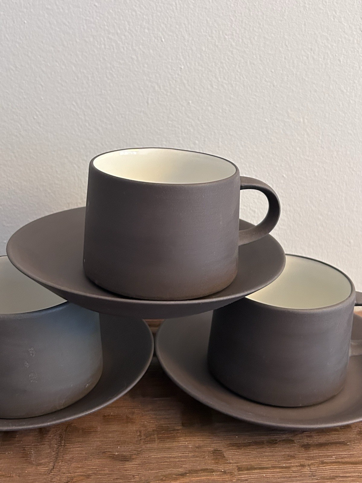 Dansk Flamestone Matte Brown & White Cup And Saucer 3 Sets Denmark Quistgaard