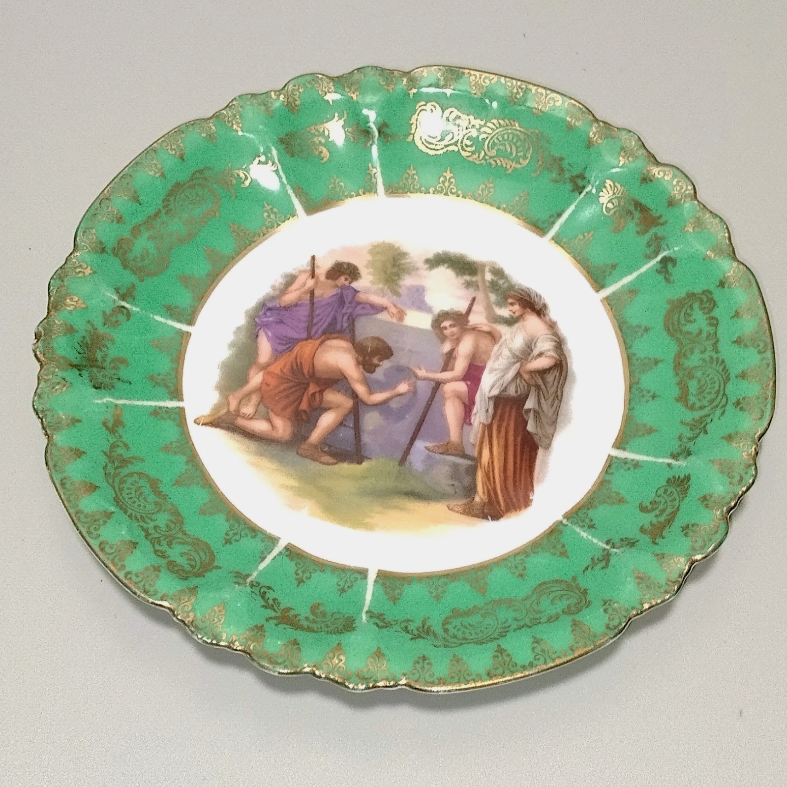 Neoclassical Green Gold Decorated Portrait Cabinet Plate Beyer and Bock Germany