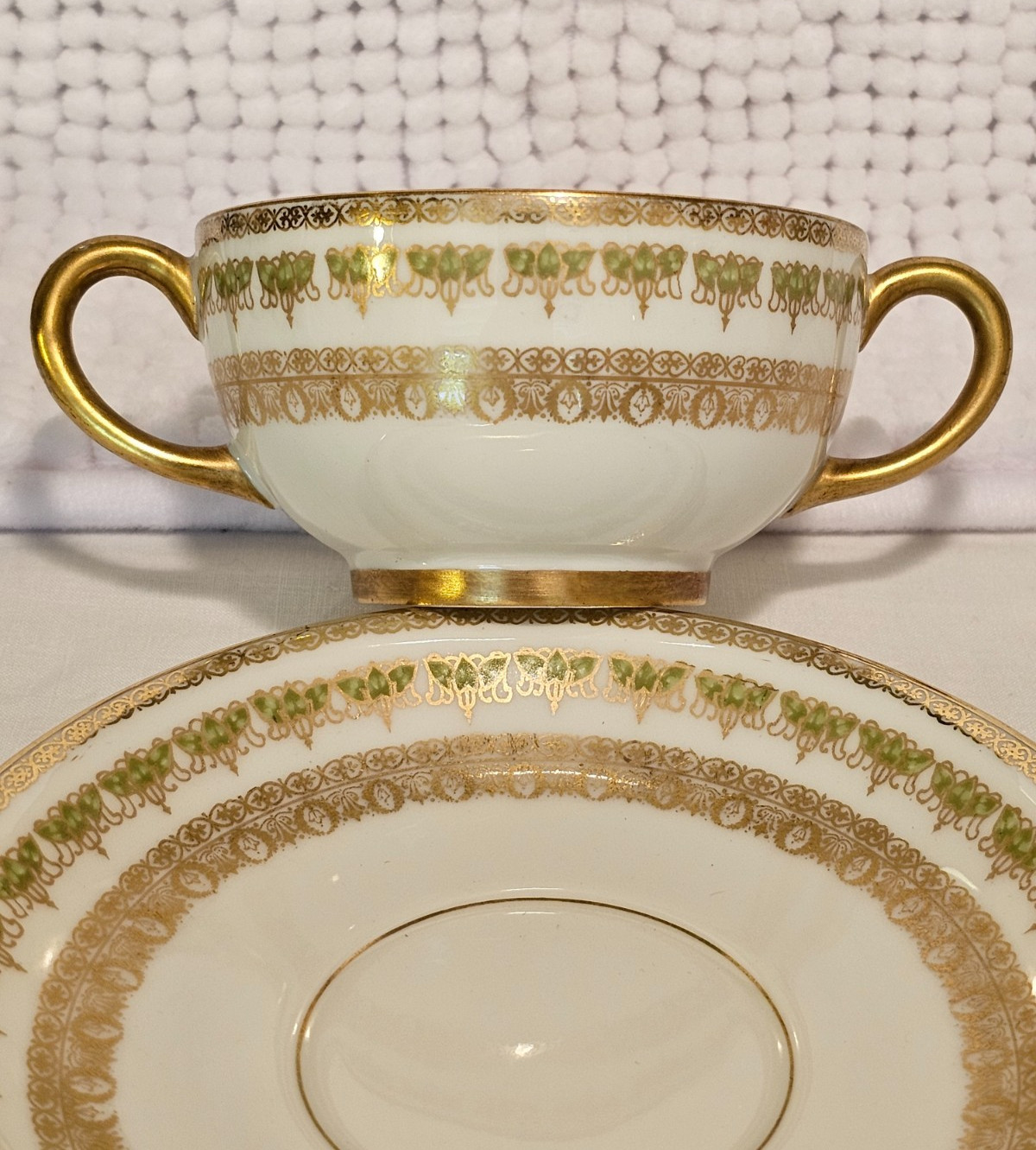 Bouillon cups w/ saucers, set of three, vintage china, Haviland, Cauldon, Pouyat