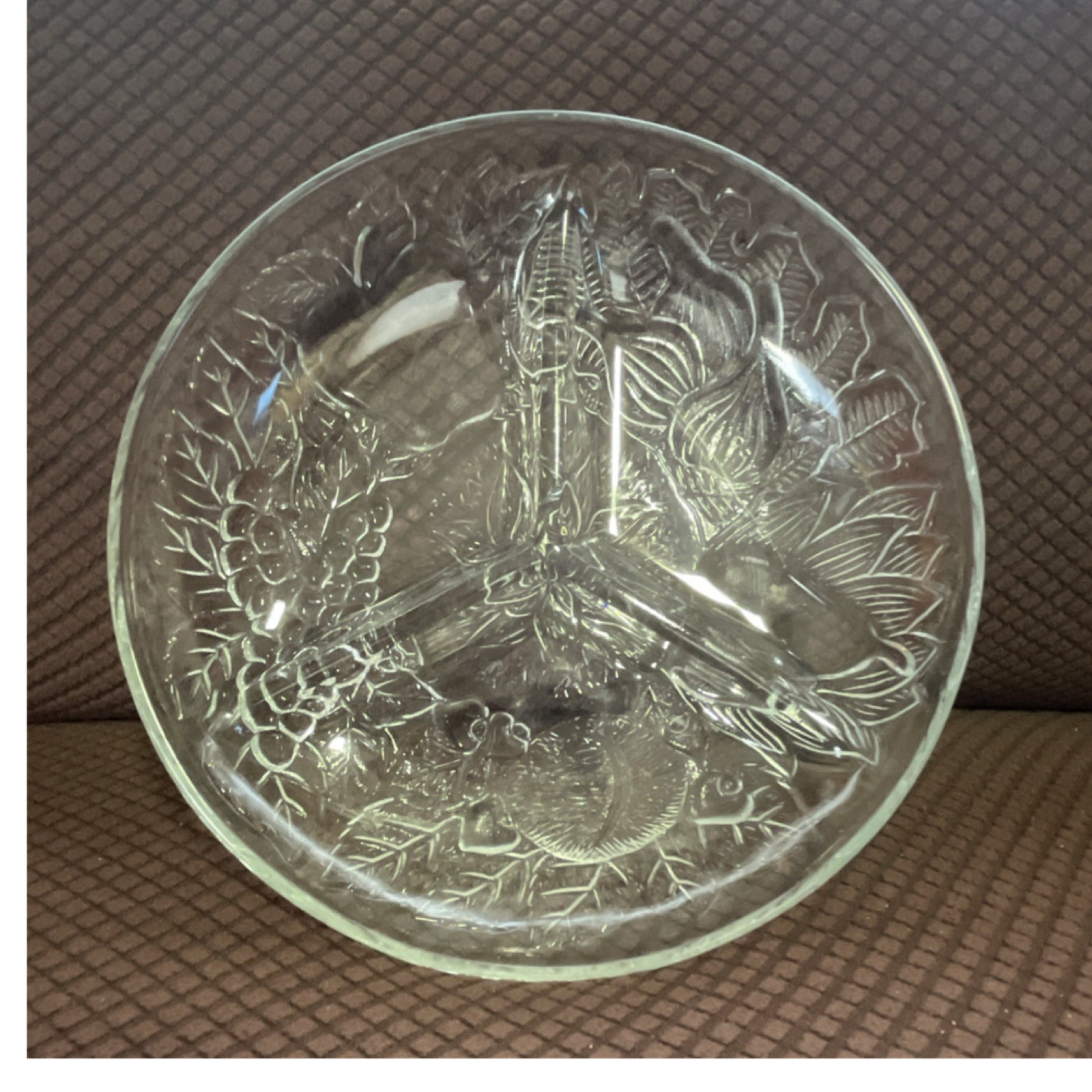Clear Glass Divided Dish with Fruit and Leaves Pattern, 3 Compartments, 8 in