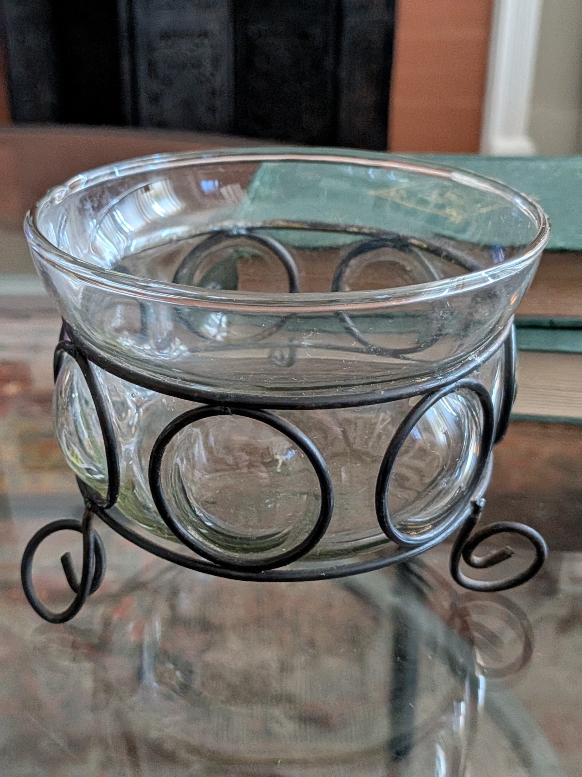 Vtg Blown Bubble Glass & Metal Caged Bowl Studio Welded Metal Frame 90s Art