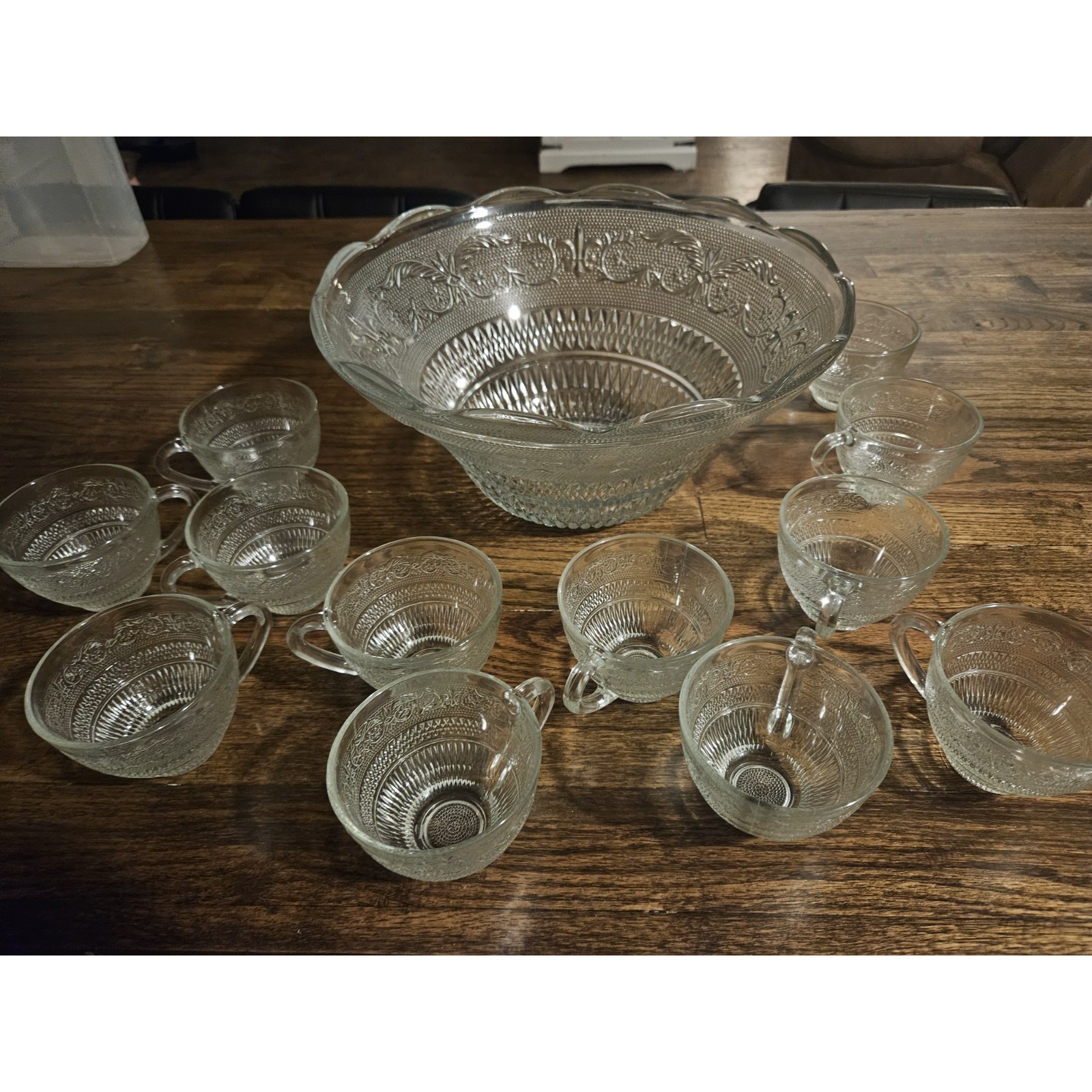Vintage Glass Princess Punch Bowl Set Clear 11 Piece 10 Cups Scalloped