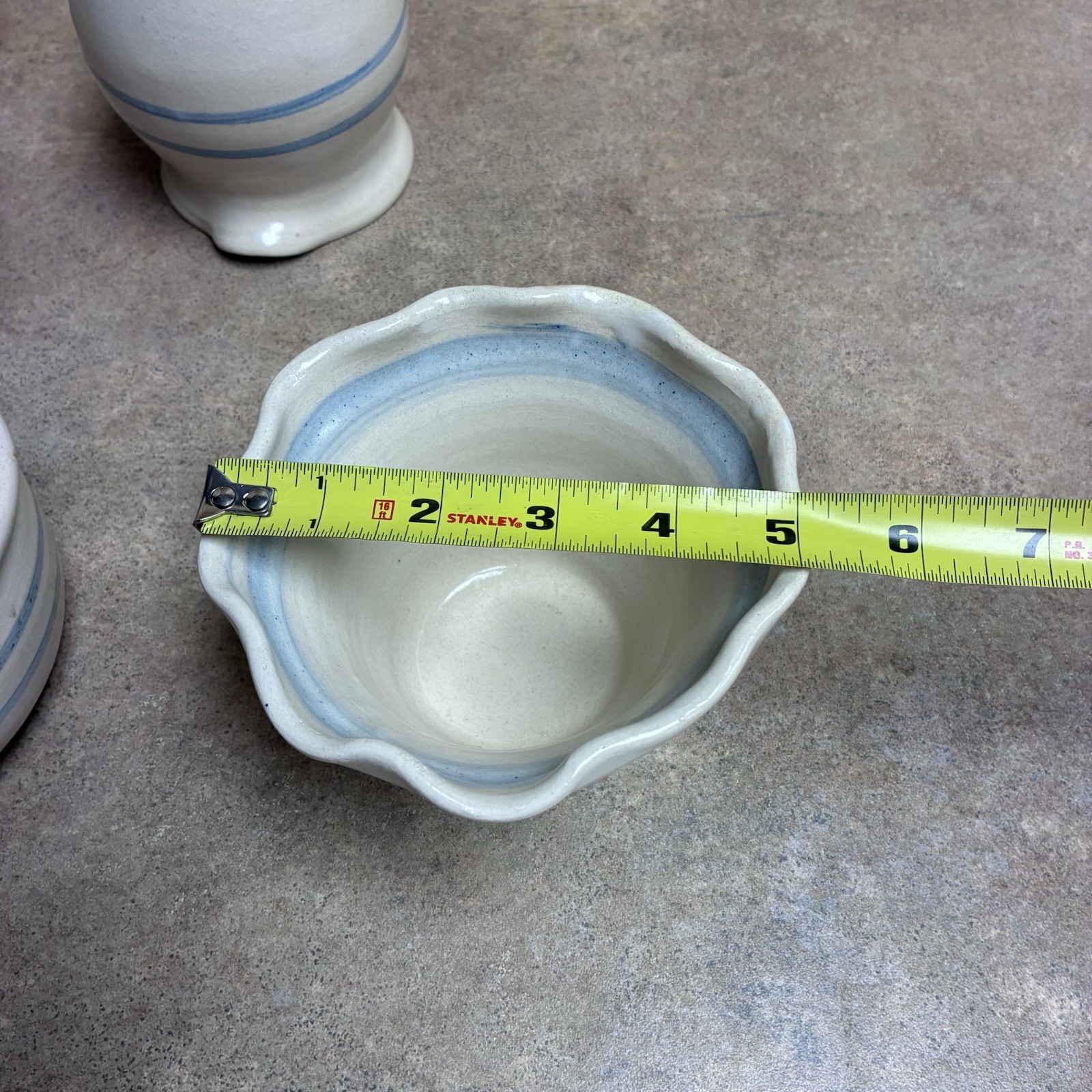 3 Pc Amy Tibbit Studio Art Pottery White Blue Rim Heart & Ripple Bowls & Pitcher
