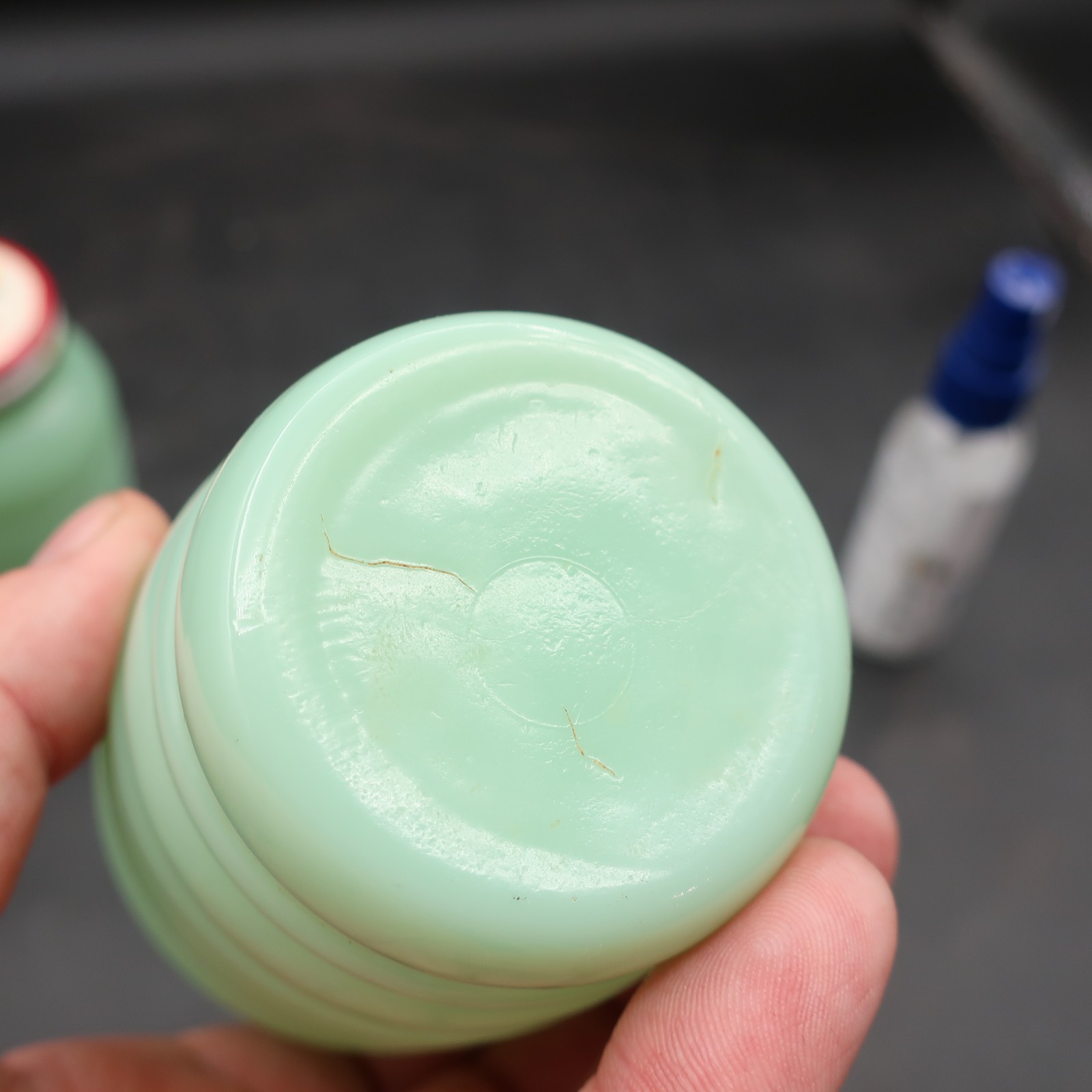 Vtg Fire King Jadeite TULIP LIDS SALT PEPPER shaker set 1950s Beautiful HTF