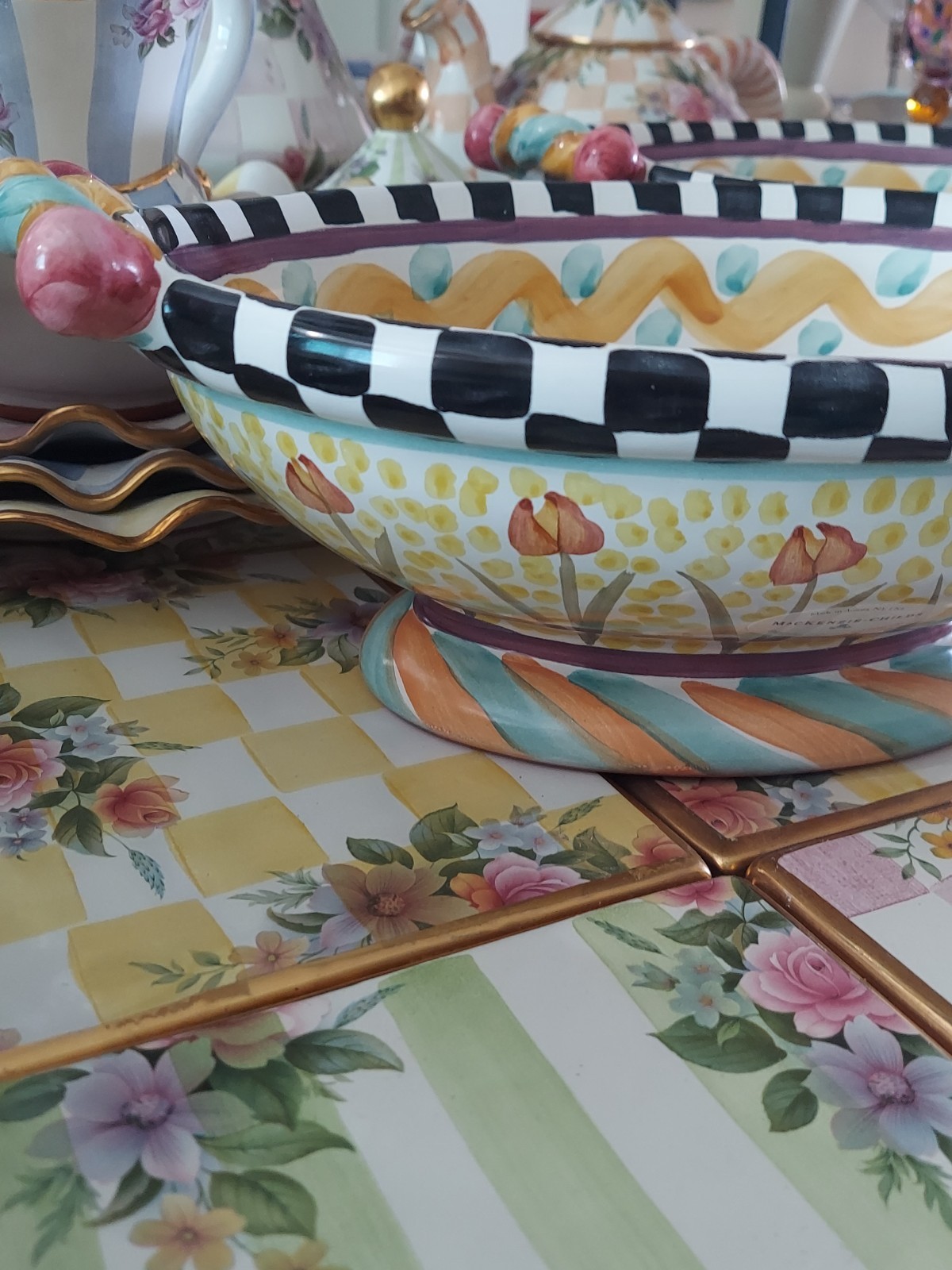 MacKenzie-Childs Taylor Odd Fellows Ceramic Footed Bowl With Courtly Check