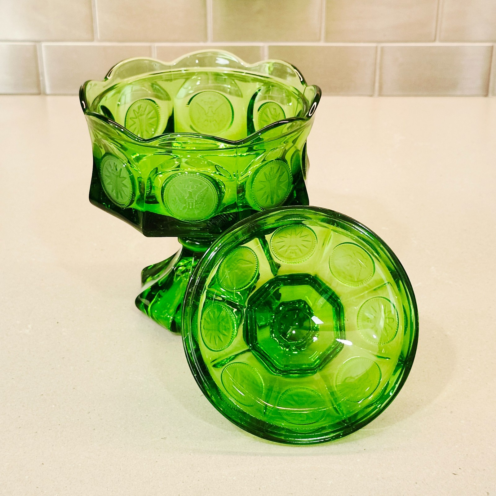 Vintage Fostoria Emerald Green Coin Glass 8.5” Tall Pedestal Covered Candy Dish