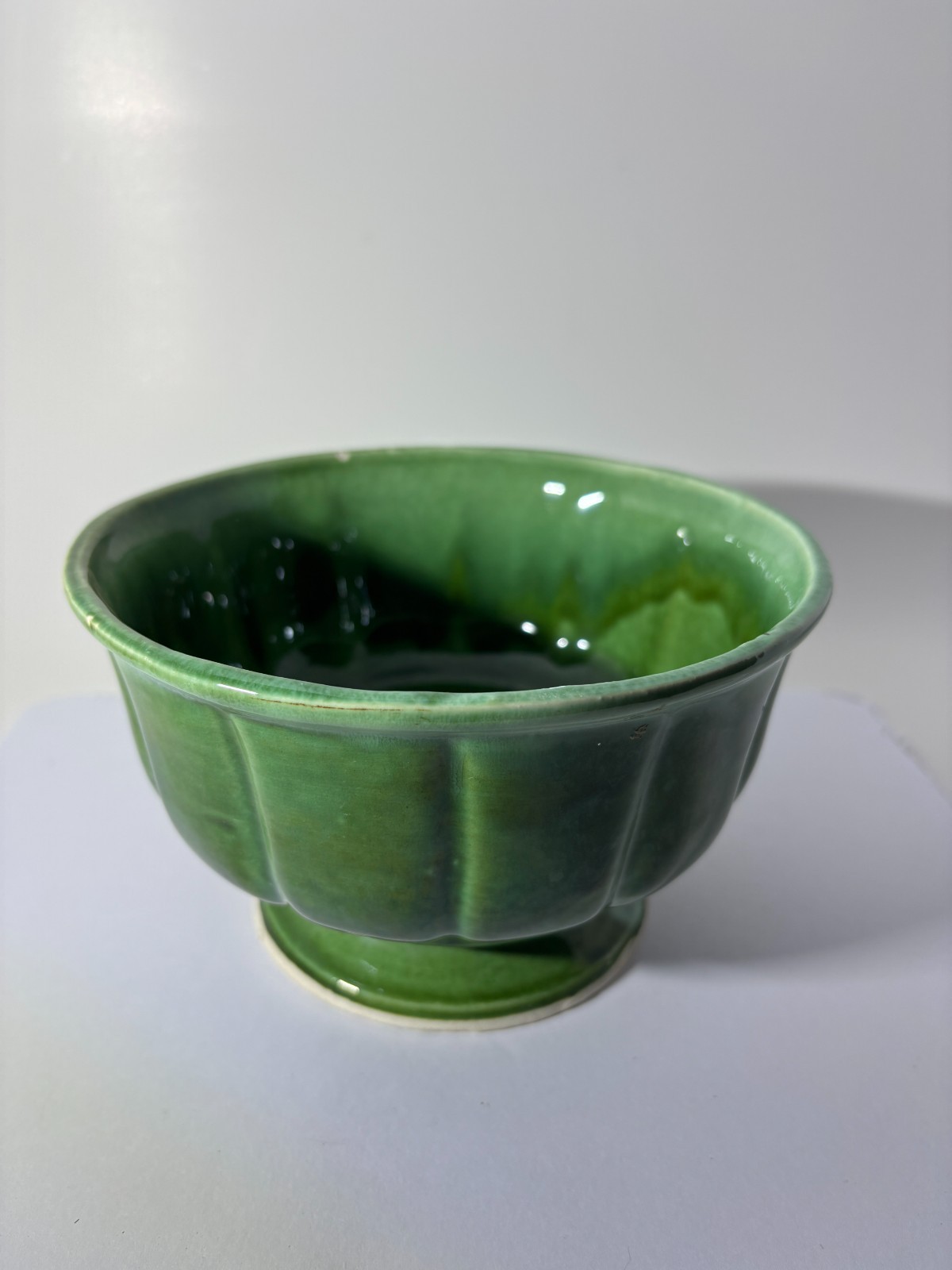 Vintage MCM Green Fluted Ceramic Pedestal Compote Bowl Footed Scallo