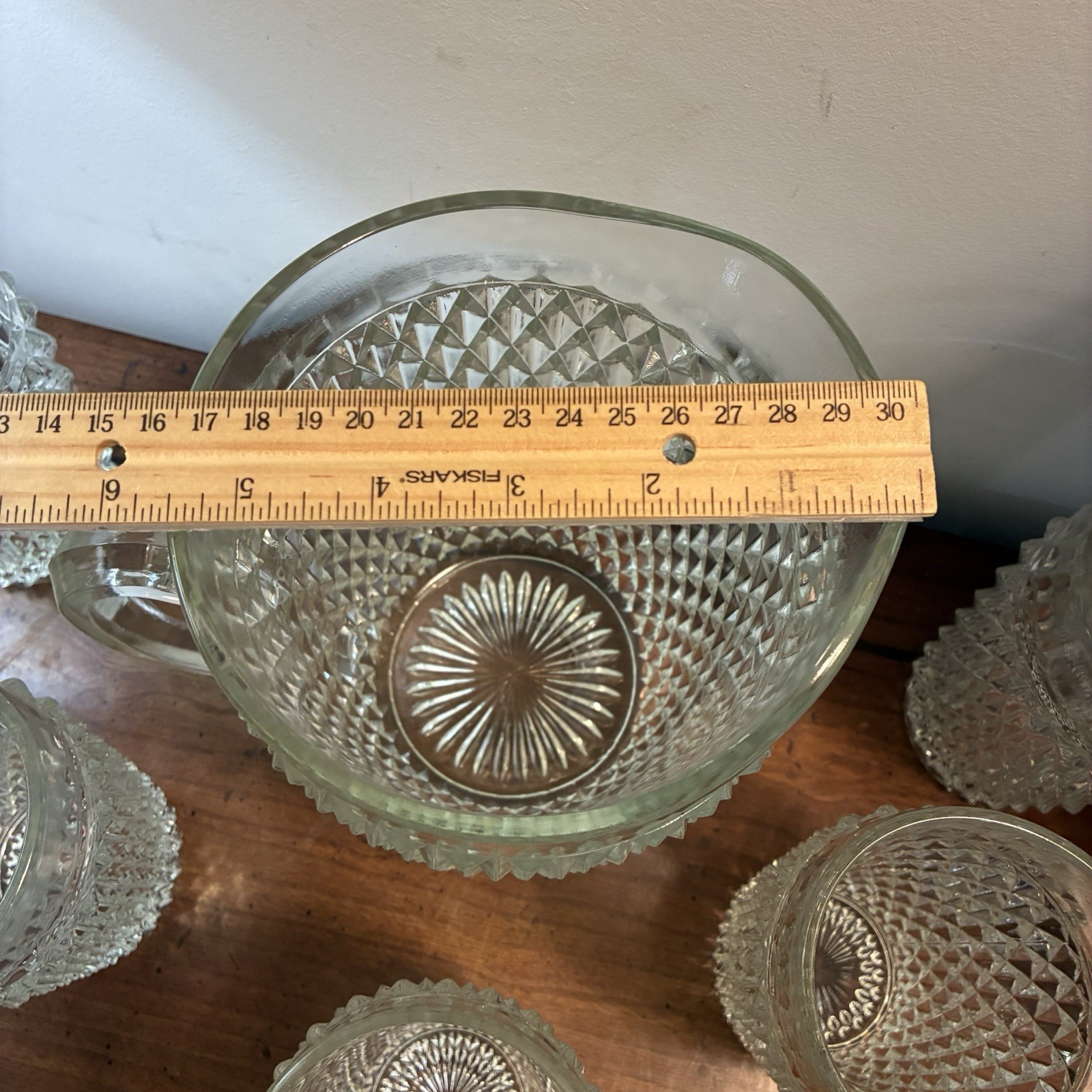 Vintage Indiana Glass Co. Pitcher Clear Diamond Point 52 oz+5 Glasses Water Tea