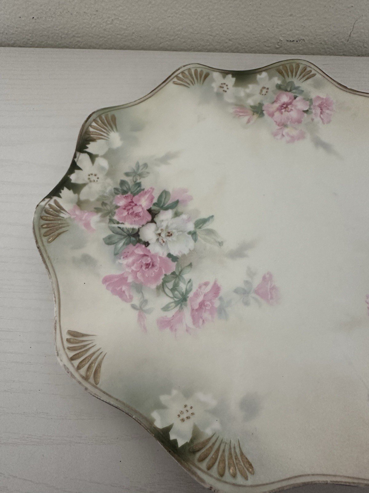 Antique RS Prussia Porcelain Cake Plate Scalloped Gold Rim Pink White Roses 10