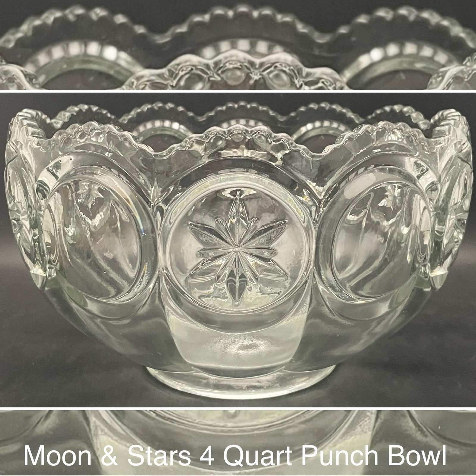 Tiffin Franciscan Moon & Stars 12pc Clear Glass Punch Bowl Set c1950s USA 4quart