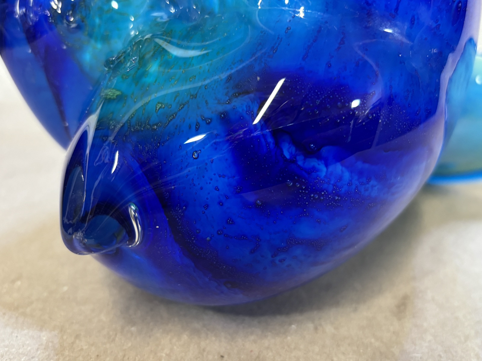 Hand Blown Murano 3 Sided Cased Cobalt Blue to Yellow Glass Pitcher