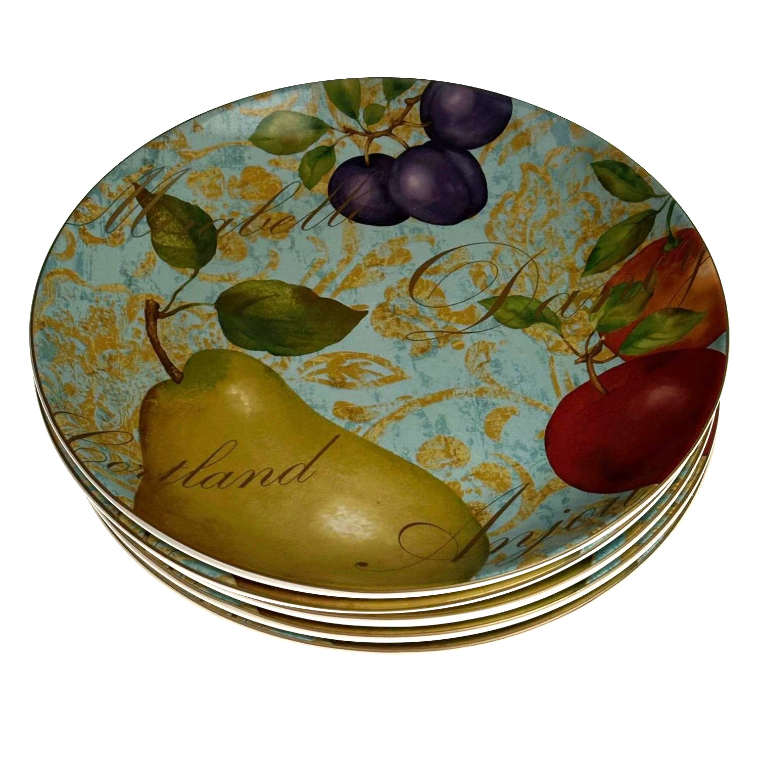 222 Fifth Fruit Renaissance Fine China 10″ Dinner Plate Pear Plum Apple Set 5