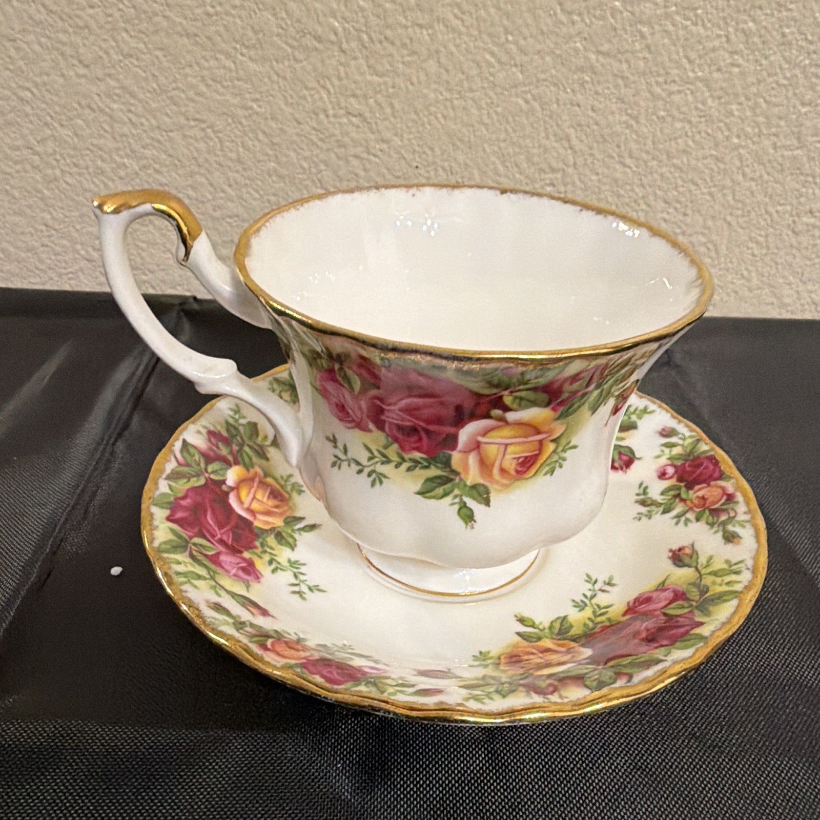 Floral Rose Tea Cup & Saucer Set, White Pink Green, Gold Trim, Ceramic