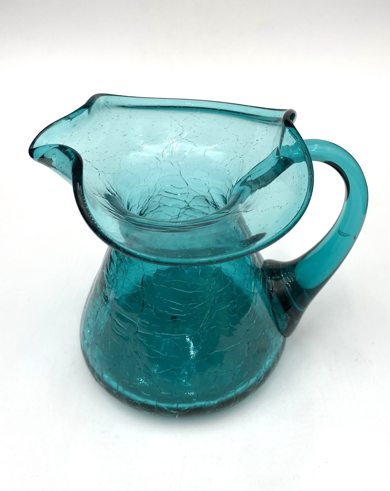 Vintage (1960s) MCM Rainbow Glass Co. Crackle Glass Pitcher, Teal, 4.25″ Tall