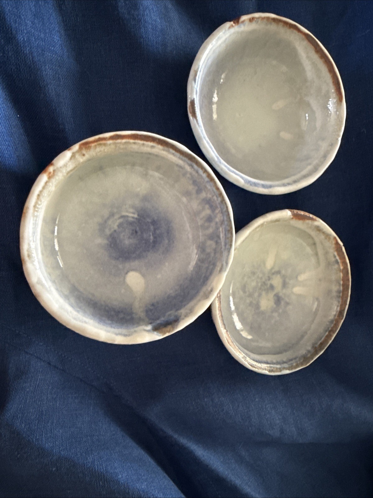 Studio Pottery Set 3 Hand Thrown Dip Bowl Drip Glaze Blue Brown Tones 1.25″x 3″