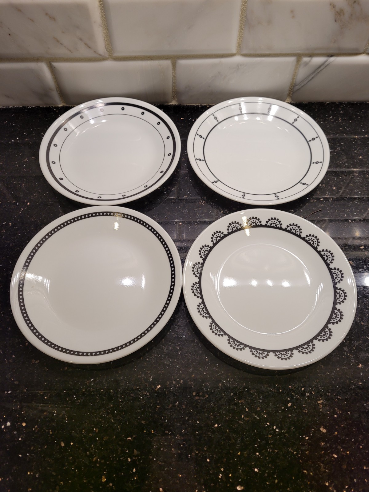 Lot of 4 Corelle Vitrelle Bread & Butter Plates Black White Mixed Pattern