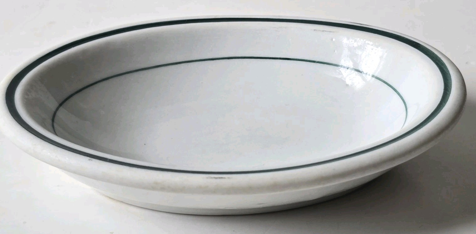 Vtg Oval Ironstone Niagara China Soap Dish Restaurant Ware White Stripe Green 5″