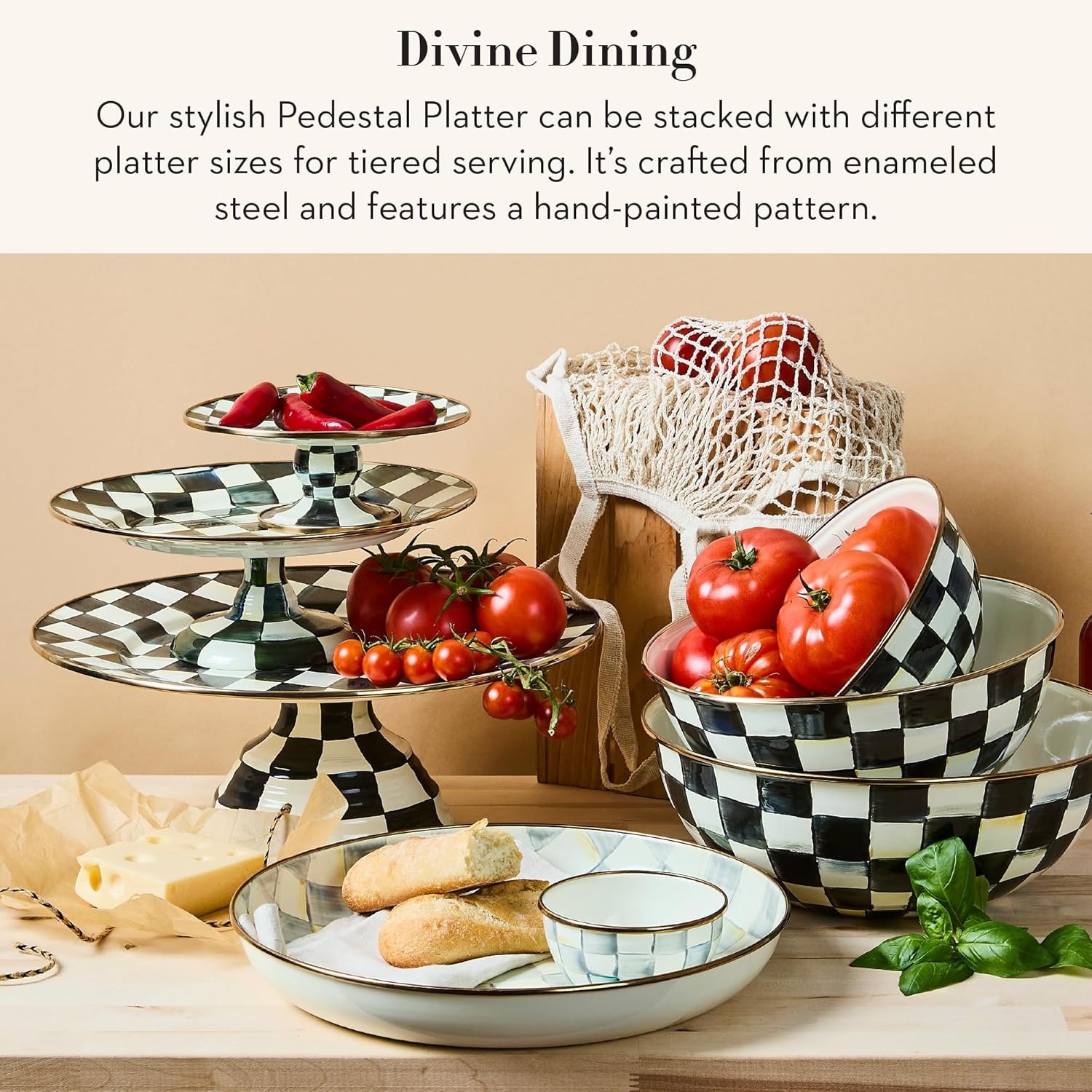 Mini Black-and-White Courtly Check Enamel Pedestal Serving Platter