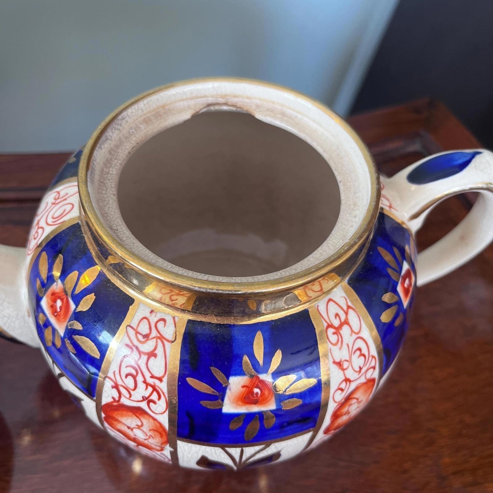 Sudlows Burlesom Gaudy Welsh Tea Pot Cobalt Blue, rust and gold pattern