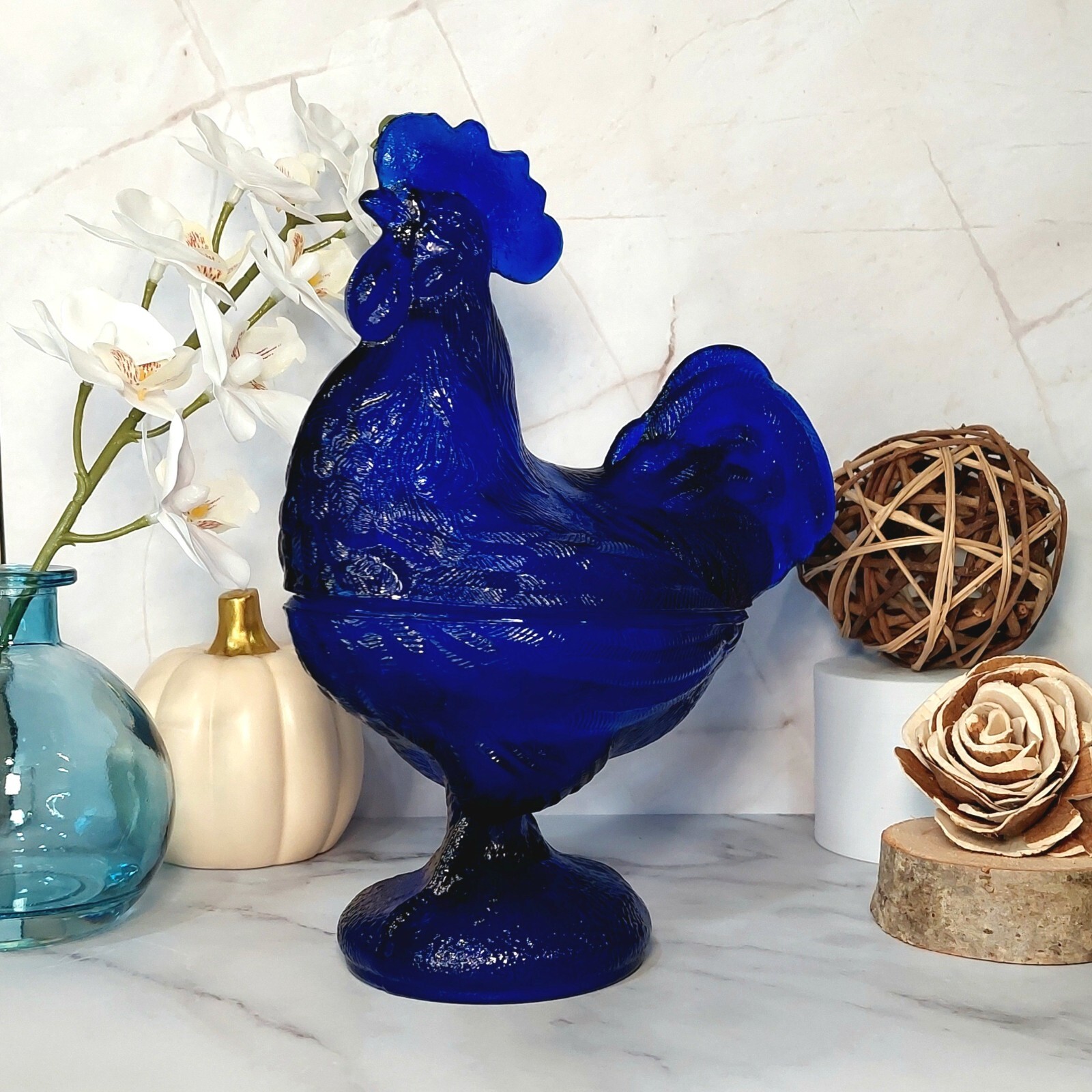 Cobalt Blue Glass Depression Style Rooster Chicken Candy Dish, Hen on Nest, Bowl
