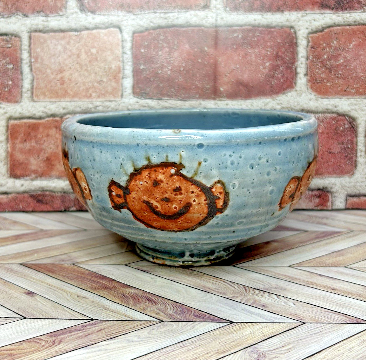 Pottery Bowl Faces Footed Artisan Handmade 6” Diameter 3.5″ Tall Blue Whimsical