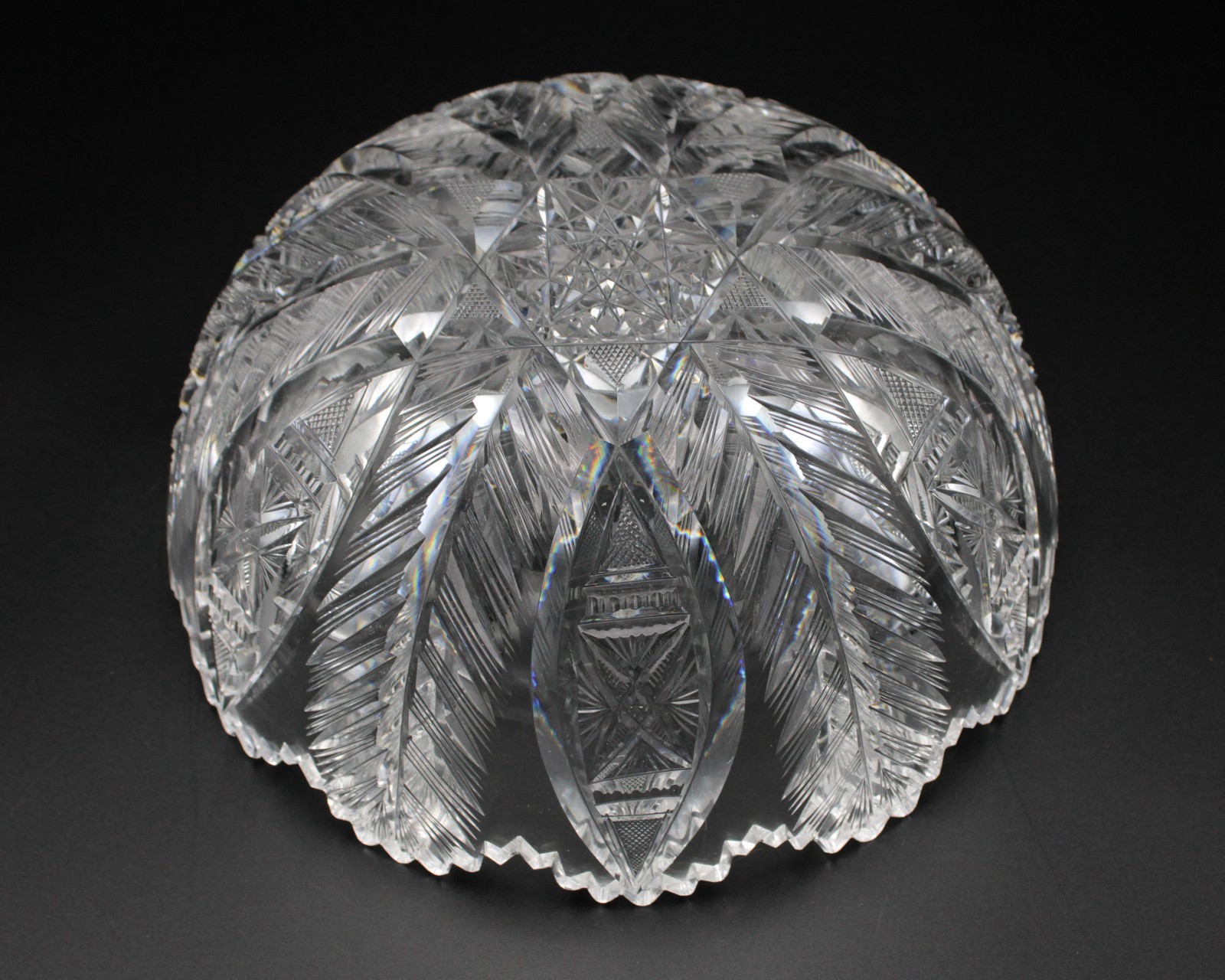 American Brilliant Blazed Feather & Vesica Cut Bowl, Antique ABP Glass, 8″