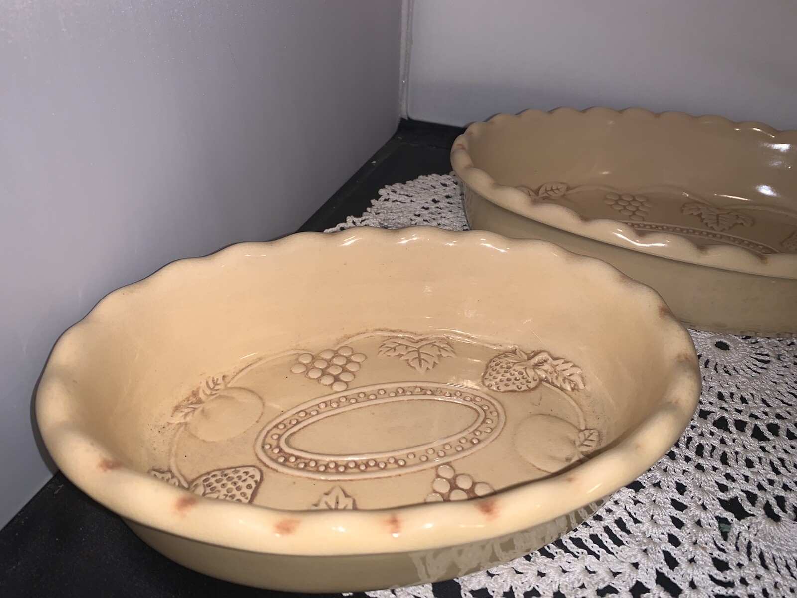 Vintage Leaf And Fruit Stoneware Casserole Bowls And Serving Bowl
