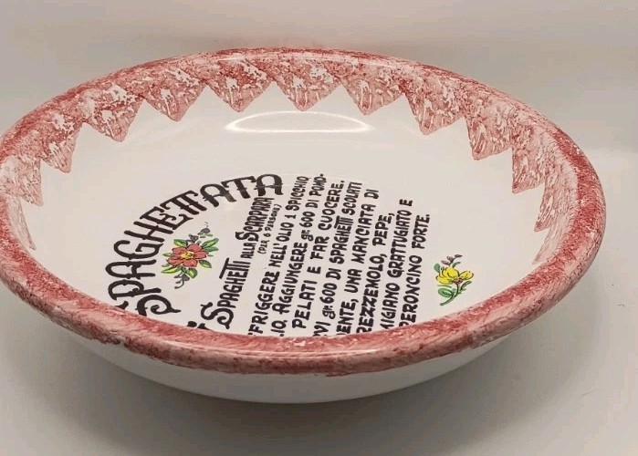 Vtg. Pisapia Italy Ceramic La Spaghettata Scarpara Recipe Bowl Red Sponge Paint