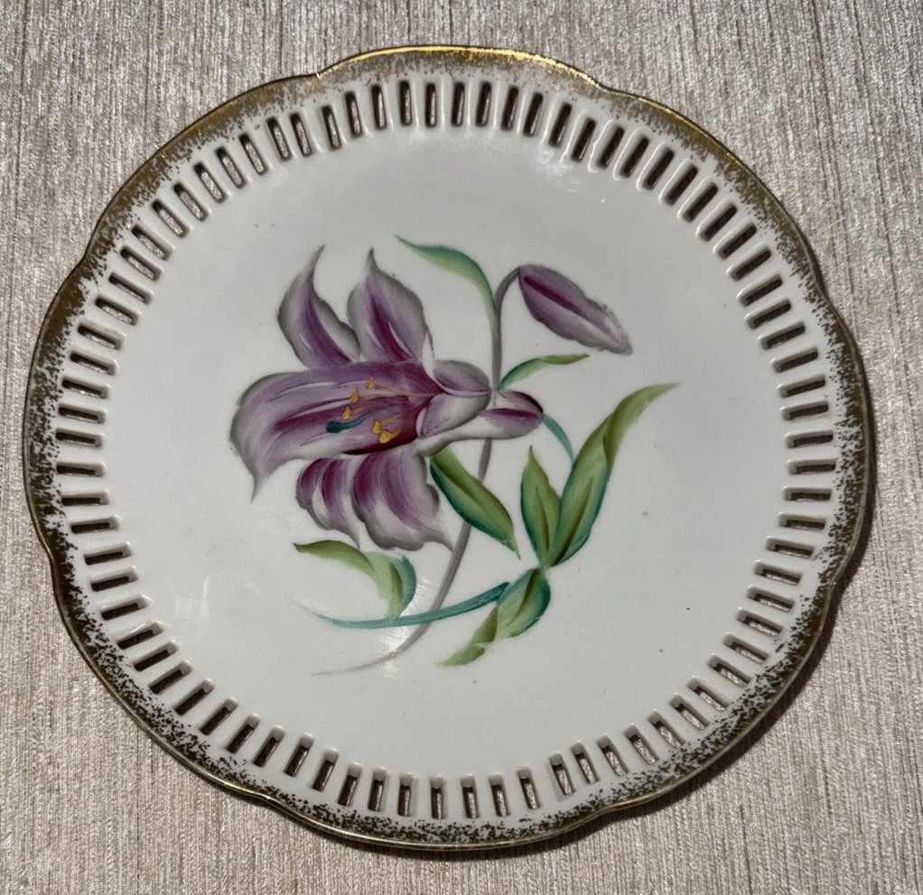 Set 2 Hand Painted Reticulated Edge Porcelain Plates Lily Rose Wall 8” Vtg