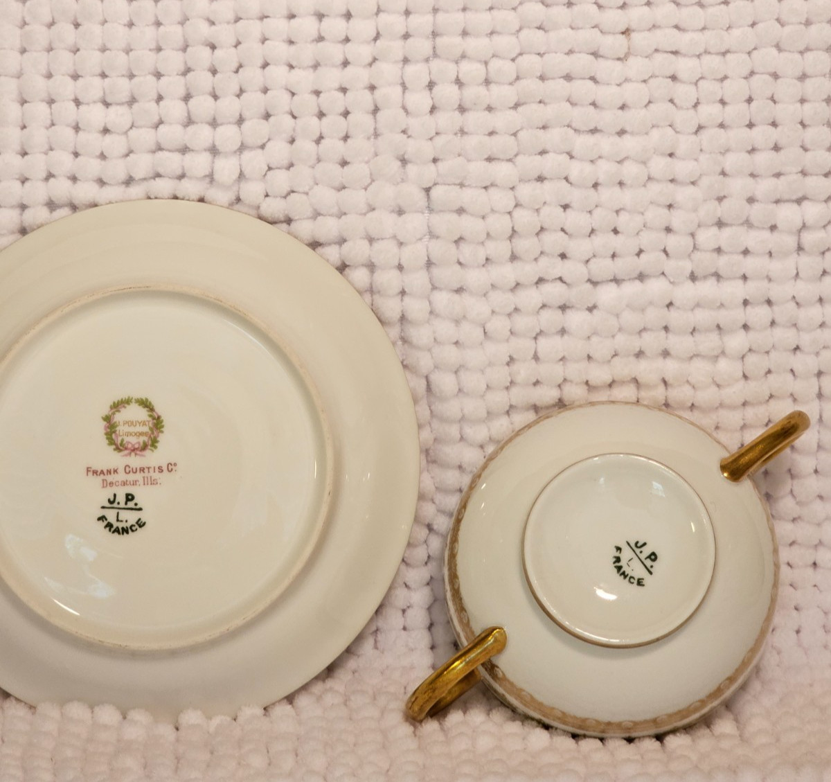 Bouillon cups w/ saucers, set of three, vintage china, Haviland, Cauldon, Pouyat