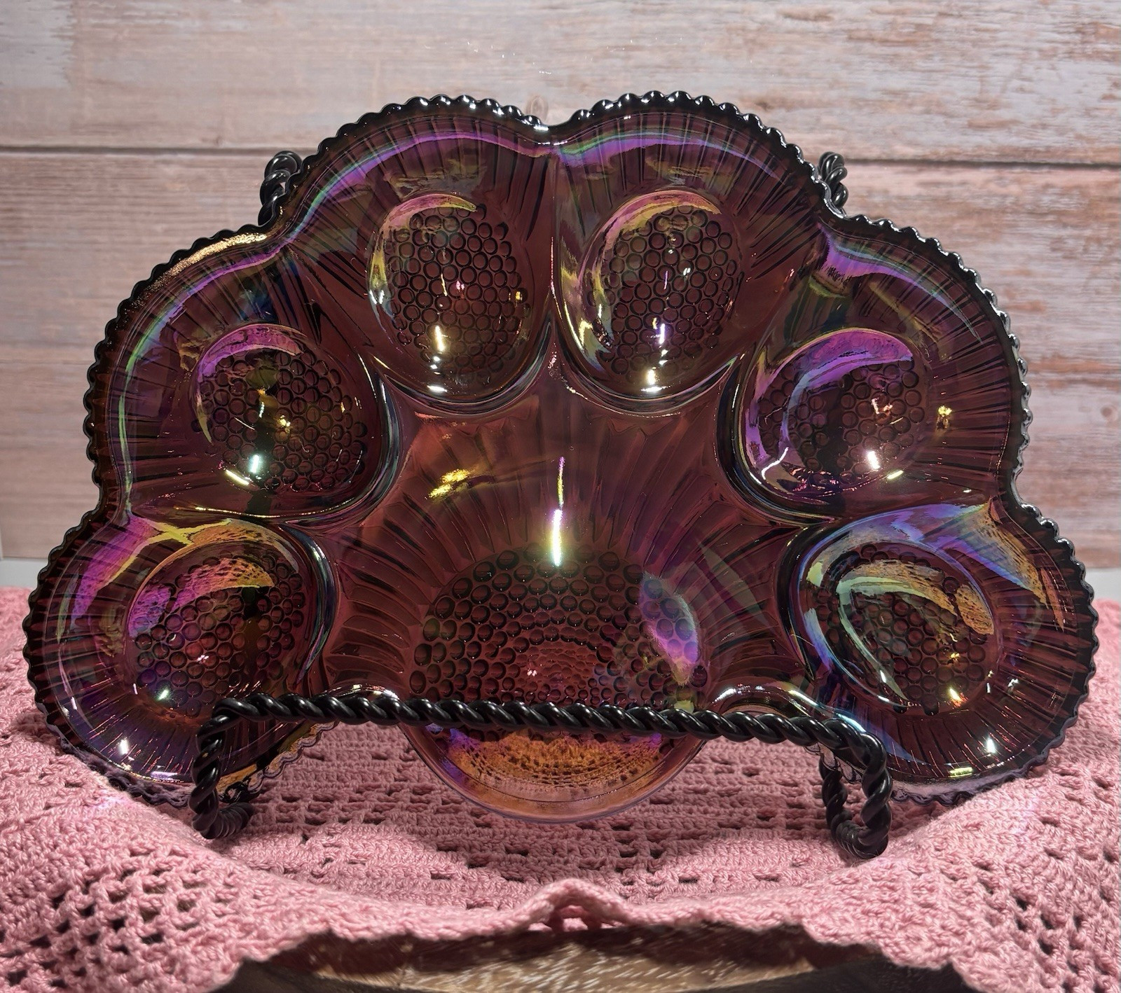 Vintage LE Smith Carnival Deviled Egg Tray | Plate | Tray Amethyst Glass Hobnail