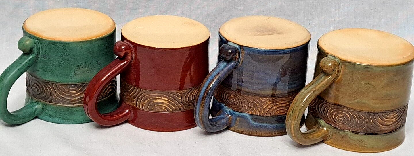 4 Studio Pottery Coffee Mugs Drip Glaze Native Island Look 18 Oz Carved Stamped