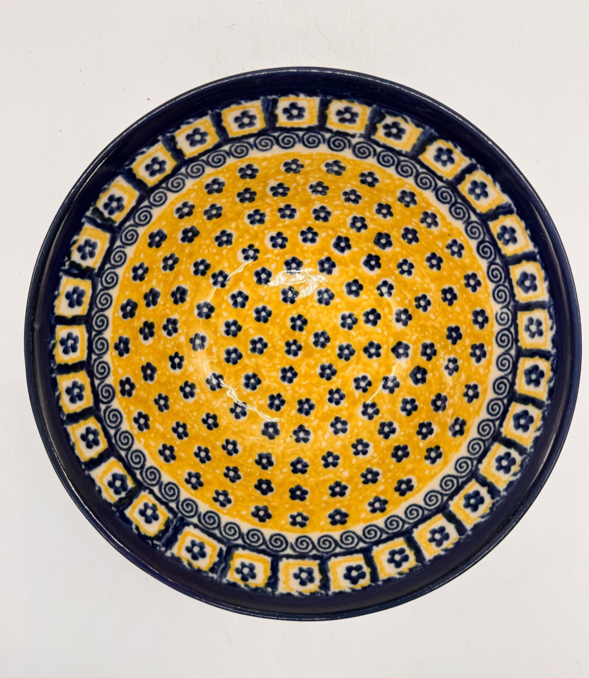 Boleslawiec Polish Pottery Bowl Yellow & Cobalt Blue Flower Pattern Blue Rim