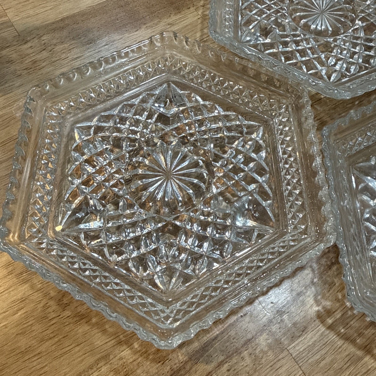 Anchor Hocking Wexford Diamond Glass Footed Hexagonal Shaped Dish Set of 3 ~1963