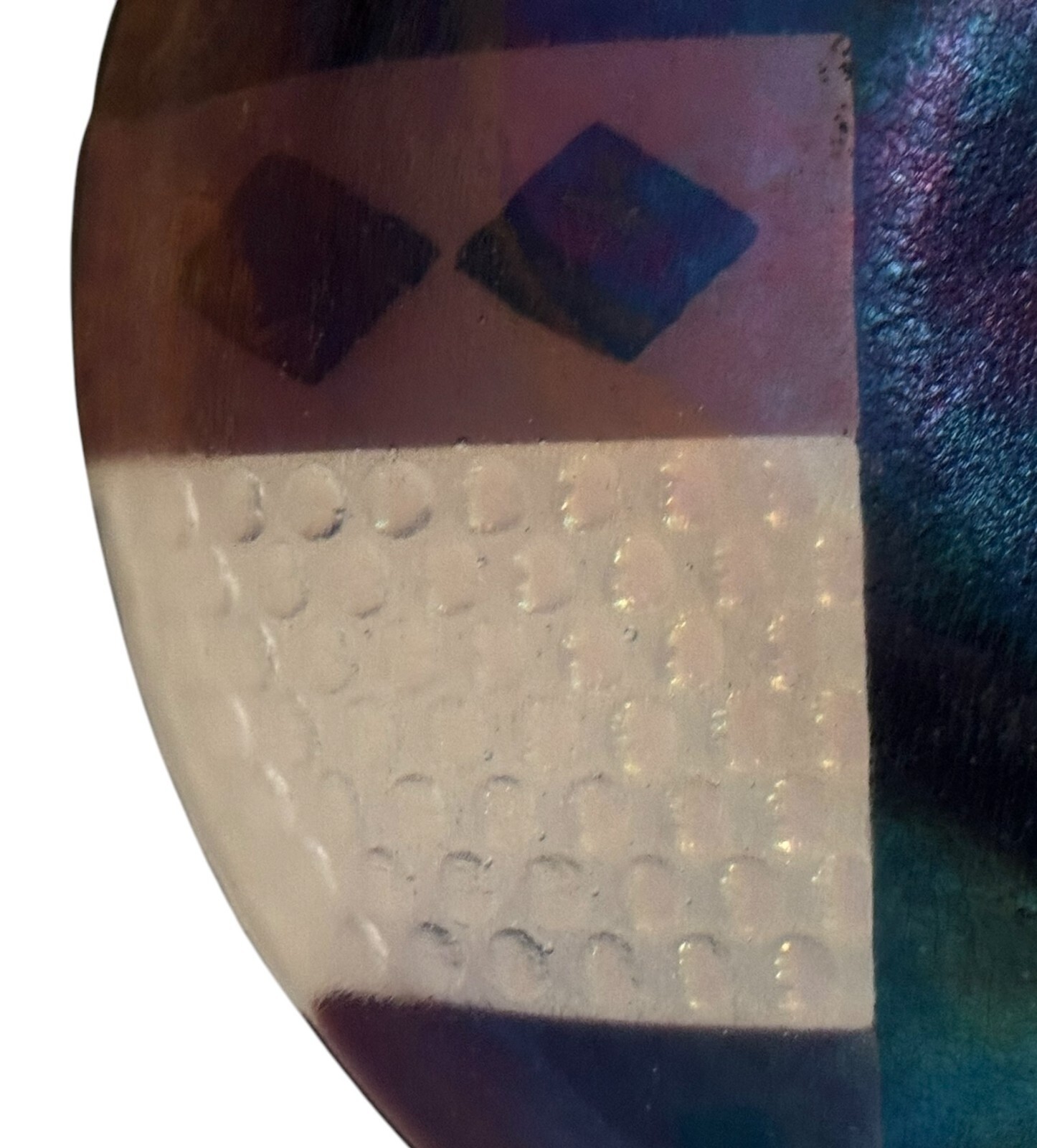 Geometric Textrd Dichroic Iridescent Fused Glass Plate Signed 7.5” Brn/Clear/Blk