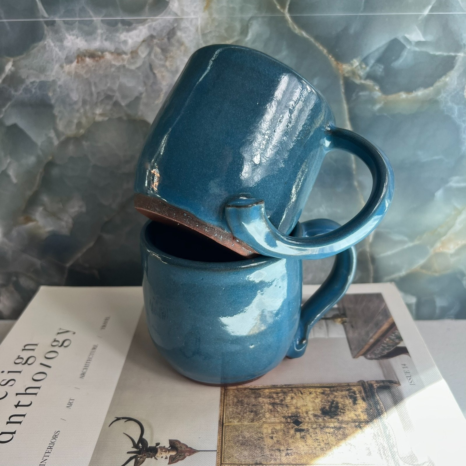 Studio Art Pottery Mugs Set of 2 Blue Dipped Glazed 4.5 x 3in 5 x 3.5in