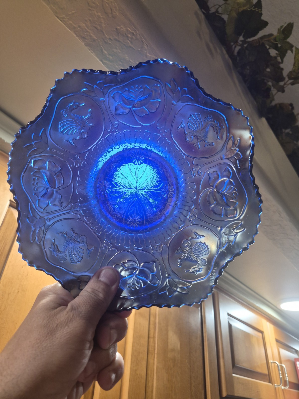 Antique Fenton Dragon/Lotus Bowl Cobalt Blue Metallic Finish 9in Across 2.5in…