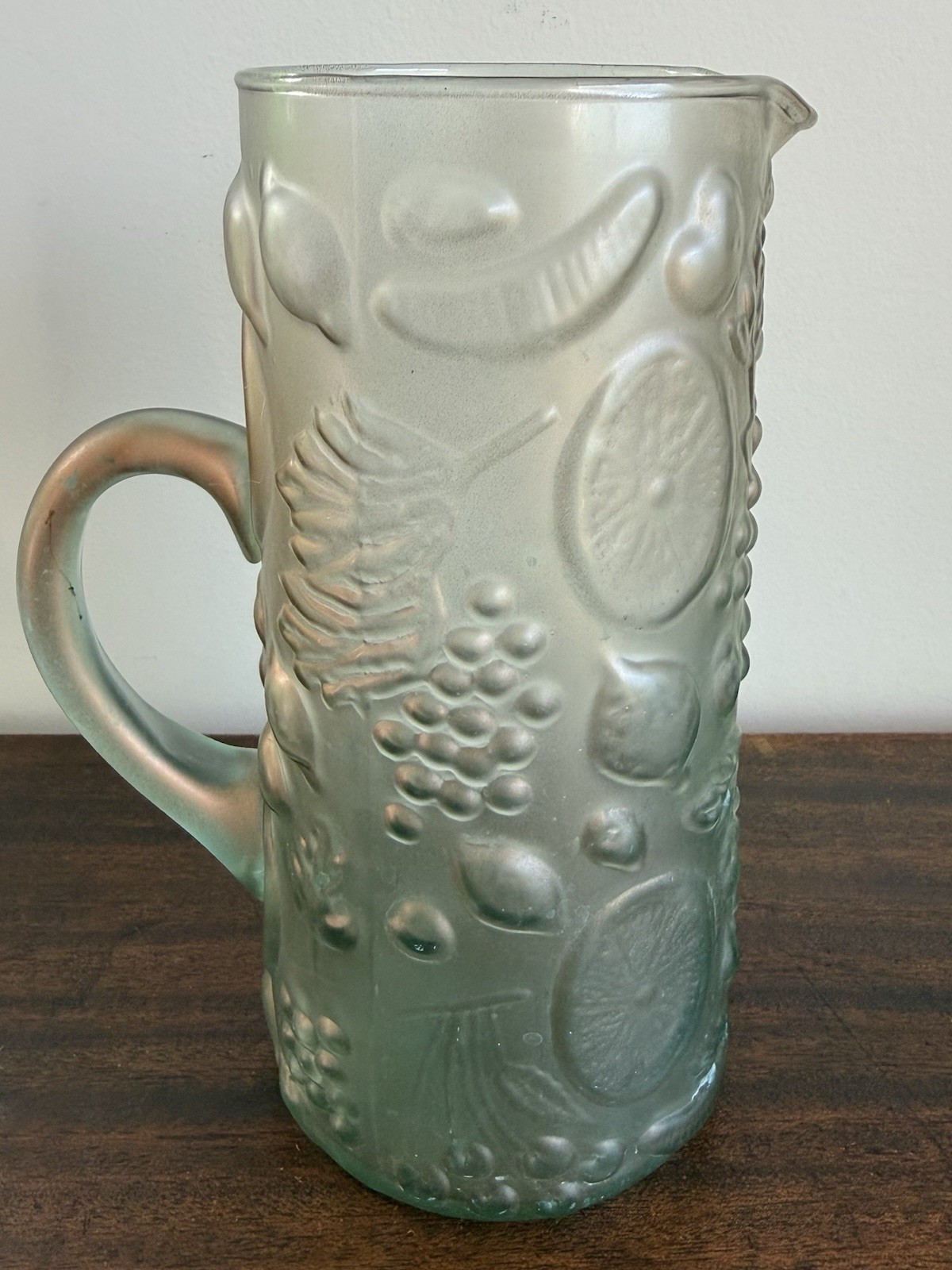 Vintage Ittala Frutta Green Opalecent Tall 9 3/4” Pitcher, Pre Owned.