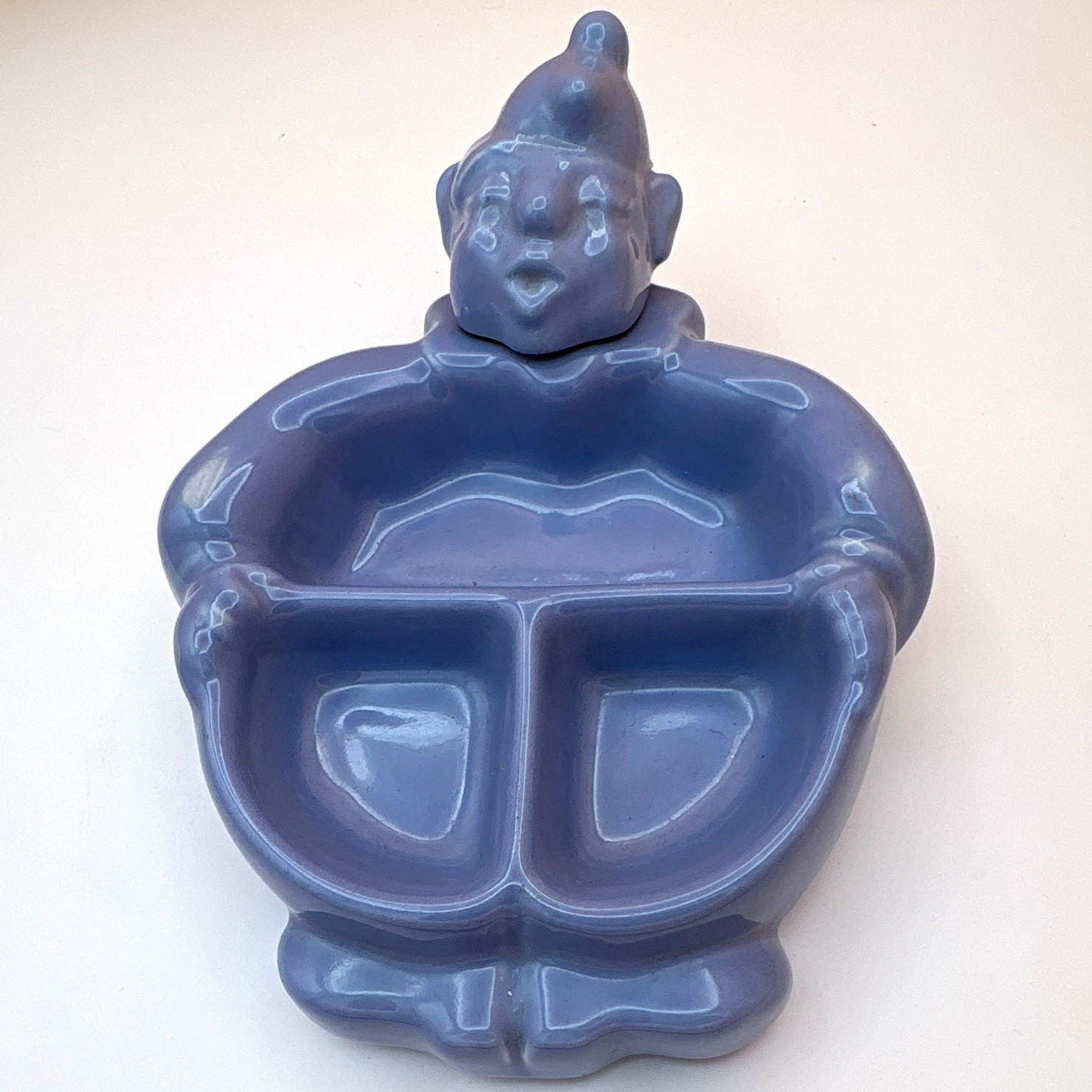 Hankscraft MCM Clown Ceramic Divided Dish Blue Glossy USA Model 969
