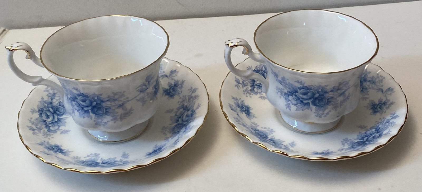 Two (2) Vintage Royal Albert Windsor Rose Blue Footed Cup & Saucer Sets